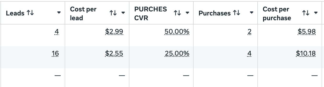 CAPI natija — kunlik lid va xarid statistikasi, Purchase CVR 50%