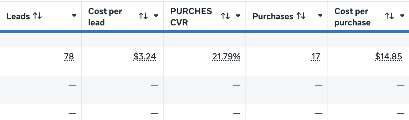 CAPI natija — umumiy lid va xarid statistikasi, Purchase CVR 21.79%